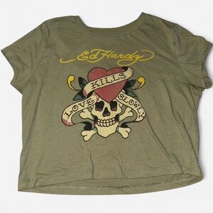 Ed Hardy Olive Graphic Tee with Skull Design